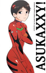 1boy alternative_costume artist_request asuka_langley_sohryu_(cosplay) black_hair blue_eyes blush clothing cosplay crossdressing crossplay girly highres male male_only neon_genesis_evangelion plugsuit plugsuit_(cosplay) shinji_ikari trap