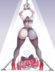 1girls abstract_background ass big_ass black_nails blush bondage bra chained chained_ankles chained_wrists chains detachable detachable_head disembodied_head female grey_skin hair_bun handcuffs headless heels high_heels hololive hololive_indonesia hololive_indonesia_holoro kureiji_ollie nervous_smile ribbon sealguy shocked_expression spotlight thigh_highs thighhighs twin_buns two_tone_hair underwear virtual_youtuber vtuber zombie zombie_girl