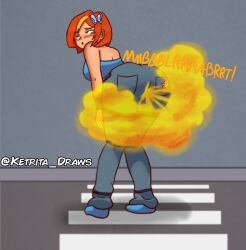 1girl ass ass_focus big_ass big_butt blush blushing butterfly_(planetronika) fart fart_cloud fart_fetish farting female_only jeans ketrita only_female orange_hair pants planetronika simple_background stinky_ass stinky_butt