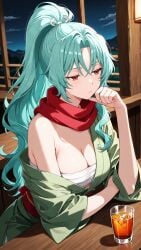 ai_generated alcoholic_drink aqua_hair female green_kimono ponytail red_belt red_eyes red_scarf sarashi thinking tomoe tsuki_ga_michibiku_isekai_douchuu