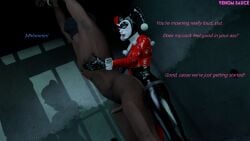 1boy 1girls 3d 3d_(artwork) arms_up artist_name balaclava batman:_arkham_knight batman_(series) bodysuit clothed_female_nude_male completely_naked completely_nude dark-skinned_male dc dc_comics dialogue dominant_female english_text erect_penis female female_penetrating female_penetrating_male femdom handcuffed handcuffs hands_on_another's_chest harley_quinn harley_quinn_(classic) interracial jail_cell leather_suit makeup male male_sub nude nude_male pegging penis reverse_rape shiny_outfit small_penis source_filmmaker standing_from_behind straight strap-on strapon talking talking_to_partner text venomous_sausage villain villainess