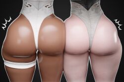 2girls 3d 3d_(artwork) 3d_render akine ass ass_focus ass_to_ass big_ass brown_skin chocolate_and_vanilla dark-skinned_female dark_skin double_ass_focus female female_only from_behind hips huge_ass huge_butt leotard light-skinned_female light_skin lower_body nier nier:_automata nier_(series) thick_ass thick_butt thick_thighs thigh_squish thighs voluptuous wide_hips yorha_2b yorha_2p
