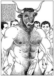 ball bara black_and_white chest_haut english_text erection fictional_interracial gay human humanoid interspecies julius_(artist) male male/male male_only minotaur monochrome nipples nude penis text