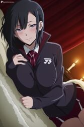 1girl ai_generated bed black_hair blush breasts candle digitalwaifugallery hanebado! hi_res high_quality high_resolution indoors jacket large_breasts looking_at_viewer lying necktie on_bed on_side patreon purple_eyes red_necktie seductive sexy shirt shiwahime_yuika short_hair shorts smile solo uncensored watermark