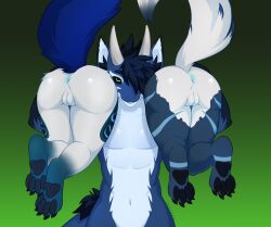 anthro anus ass black_claws black_pawpads black_sclera blue_anus blue_body blue_fur blue_hair blue_inner_ear_fluff blue_markings blue_pawpads blue_tail blue_vulva canid canine canis claws dragon female fox fur genitals green_eyes group hair hi_res holding_person horn hybrid inner_ear_fluff looking_at_viewer luvioxy male mammal markings monarch_(tab) mythological_creature mythological_scalie mythology nardoragon pawpads presenting presenting_hindquarters pussy scalie simple_background smile smiling_at_viewer smirk smirking_at_viewer tail trio tuft two_tone_tail vulva white_body white_fur wolf