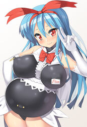 1girls belly_piercing blue_hair blush bow breasts busty clothing disgaea elbow_gloves erect_nipples female gloves inverted_nipples large_breasts long_hair milf nagase_haruhito navel_piercing nipple_piercing nipples nippon_ichi_software outie_navel pleinair pregnant red_eyes ribbon smile solo v voluptuous