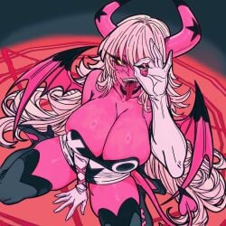 1girls bare_shoulders bare_thighs big_breasts breasts clothed clothing color demon demon_girl female female_focus female_only helluva_boss hi_res kneeling large_breasts long_hair looking_at_viewer master_dcj open_mouth pink_body pink_skin sharp_teeth solo solo_female succubus succubus_horns succubus_tail succubus_wings tagme thick_thighs tongue tongue_out verosika_mayday_(helluva_boss)