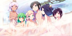 5girls akinoko bath black_eyes black_hair blue_eyes chitoseya_touko doudou_momo game_cg gradient_hair green_hair highres ichimakase_otome kaminoyu kamiya_yoshito koushina_ayano mixed_bathing mizumoto_anri multicolored_hair multiple_girls nude orange_eyes purple_eyes red_eyes towel white_hair