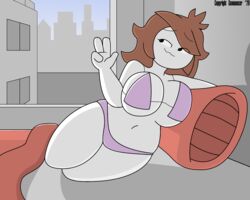 2020 alternate_version_available bed bikini bra breasts brown_hair digital_media_(artwork) embarrassed female female_only geomancer_(artist) huge_breasts jaiden_animations looking_away navel panties pillow pink_bra pink_panties solo watermark white_skin window youtube