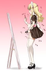 1boy apron back_bow balls bar_censor black_shoes block_heels blonde_hair blunt_bangs blush bow brown_dress brown_eyes bulge cellphone censored clothes_lift crossdressing crossdressing_(mtf) dress dress_lift erection erection_under_clothes frilled_apron frilled_headwear frills full-length_mirror furrowed_brow hair_ornament hairclip half_updo hand_up hands_up heart highres holding holding_phone legs_together long_hair long_sidelocks looking_at_mirror maid maid_apron maid_headdress makeup male male_focus male_masturbation masturbation minase_(takaoka_nanase) mirror moaning motion_lines notice_lines open_mouth original parted_lips penis phone pink_bow precum puffy_sleeves recording ribbon-trimmed_headwear ribbon_trim shoes short_dress short_sleeves sidelocks simple_background smartphone solo sound_effects standing testicles thighhighs thighs trap v variant_set wavy_hair white_apron white_thighhighs white_wrist_cuffs wrist_cuffs zettai_ryouiki