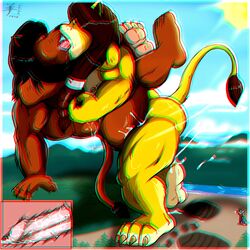 3d 4_toes aaron_(artist) anaglyph anal anal_sex anthro black_hair black_hair_bottom brown_hair brown_hair_on_black_hair brown_hair_top cum cum_inside domination feline fur furry gay hindpaw internal kissing light_hair_on_dark_hair lion macro majorra male muscles nieve nipples pawprints paws penetration penis seneca taking_picture