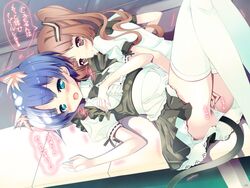 animal_ears ano_natsu_de_matteru blue_eyes blue_hair blush breast_grab breasts brown_eyes brown_hair cat_ears dress female fingering highres long_hair maid multiple_girls natsumiya_yuzu panties panties_aside pussy ribbon school_uniform short_hair smile tail tanigawa_kanna tear thighhighs tied_hair trembling twintails uncensored underwear yamano_remon yuri