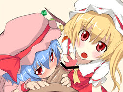 2girls assisted_fellatio blue_hair censored collaborative_fellatio fellatio flandre_scarlet kasuka looking_at_viewer multiple_girls open_mouth oral penis pov red_eyes remilia_scarlet short_hair siblings side_ponytail sisters teamwork touhou