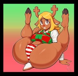 2025 absurd_res anthro ass belly big_breasts big_butt black_border blonde_hair border bottomwear breasts brown_body brown_fur buckteeth camel_toe clitoris_outline clothing cloven_hooves deer deltarune eyelashes female freckled_butt freckled_face freckles fur genital_outline hair hi_res hooves inner_ear_fluff leaning leaning_backward legs_up long_eyelashes long_sleeves mammal mehdrawings new_world_deer no_pants noelle_holiday panties partially_clothed_female pattern_bottomwear pattern_clothing pattern_panties pattern_underwear presenting presenting_hindquarters red_nose reindeer shirt short_tail smile solo spread_legs spreading striped_bottomwear striped_clothing striped_panties striped_underwear stripes tail teeth topwear tuft undertale_(series) underwear vest vulva_outline