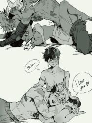1boy after_sex angel_wings breasts cleavage clothed_sex couple english_text female highres iria_arts kissing meryl_stryfe multiple_scars muscular muscular_male scar scar_on_arm scar_on_chest scar_on_neck scar_on_stomach sex trigun vash_the_stampede very_short_hair wings