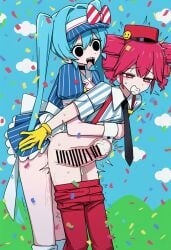 1futa 2girls ai_generated black_hair blue_background bow clothed_sex confetti cum cum_in_pussy cum_inside dark_eyes dubious_consent female from_behind futanari hatsune_miku intersex kasane_teto mesmerizer_(vocaloid) mesmerizer_miku mesmerizer_teto pussy red_eyes red_hair shaking sharp_teeth stomach_bulge tagme tie tongue_out tounge_out