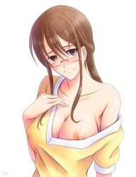 1girls anime_nose another bonnie_(rsg) breasts brown_eyes brown_hair cleavage clothing collarbone female female_only glasses hair_ornament hairclip long_hair mikami_reiko nipple_slip nipples off_shoulder ponytail smile solo tied_hair