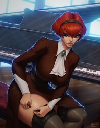 2d 2d_(artwork) android artist_logo artist_name artist_signature artist_upload barretxiii female female_focus female_only garter_belt garter_straps leggings maid no_ai piano pinup r._dorothy_wayneright red_hair robot robot_girl short_hair skirt_lift solo solo_female solo_focus stockings stoic the_big_o thick_legs thick_thighs watermark