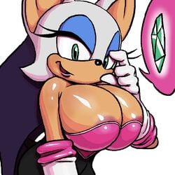 1girls areola_slip areolae big_areola big_nipples black_nose blue_eyeshadow breasts cleavage elbow_gloves eyelashes eyeshadow female female_only gesture gloves green_eyes huge_breasts lipstick looking_at_viewer makeup nikesco nipple_slip pink_lipstick rouge_the_bat sega shiny_skin solo sonic_(series) upper_body