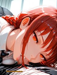 ai_generated balls balls_deep black_pants blushingcheeks braid braided_ponytail breast_press breasts chainsaw_man collared_shirt deepthroat fellatio female high_waisted_pants irrumatio looking_at_viewer looking_up makima_(chainsaw_man) male pants penis red_eyes ringed_eyes saliva saliva_on_penis saliva_trail throat_fuck white_shirt
