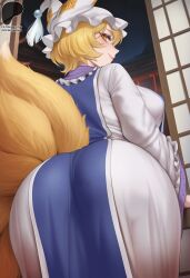 1girls ai_generated arched_back ass ass_focus bangs big_ass blonde_female blonde_hair eyeliner female fox_ears fox_girl fox_tail fully_clothed hat highres indoors inviting kimono light-skinned_female light_skin looking_at_viewer looking_back multi_tail primosensei ran_yakumo seductive seductive_look short_hair smile smiling smiling_at_viewer sole_female solo solo_female tail teasing touhou voluptuous voluptuous_female yellow_eyes