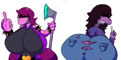 1female 1girls axe battle_axe breasts chalk curvy_figure deltarune female female_only flipping_off flipping_viewer_off hair_over_eyes hyper hyper_ass hyper_breasts hyper_butt hyper_hips hyper_thighs massive_ass massive_breasts massive_butt middle_finger scarmentor sharp_teeth solo solo_female solo_focus susie_(deltarune) wardrobe_malfunction xxturkiaxx
