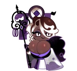 ai_generated bigger_&_better breasts character_request cleavage clothed cookie_run cookie_run_kingdom female female_only huge_breasts no_bra revealing_clothes shortstack teasing