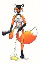 anthro black_hair breasts canine claws collar ear_piercing female fishnet fox fur furry hindpaw kitsune25 labia licking lifting_leg looking_at_viewer moodyferret navel nipples nose open_mouth paws peeing piercing plain_background pubic_hair pussy short_hair smile solo spiked_collar thin tongue urine white_background wide_hips