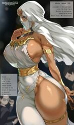 areolae_visible_through_clothing beautiful black_hair blue_eyes breasts card card_(medium) collar covering dark-skinned_female dress egyptian english_text erect_nipples evil female female_only hi_res hijab huge_breasts isis_ishtar jewelry large_breasts looking_at_another low-angle_view millennium_necklace necklace niqab no_bra no_panties no_underwear pose public sideboob standing text thick_thighs thighs type-dog voluptuous_female younger_female yu-gi-oh! yu-gi-oh!_duel_monsters