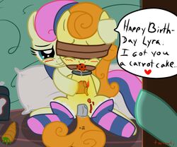 2012 ball_gag blush bonbon_(mlp) carrot_top_(mlp) dialogue equine female friendship_is_magic gag horse long_hair lyra_heartstrings_(mlp) my_little_pony pony pussy_juice pussy_tape smooth_skin socks tape tiarawhy yuri