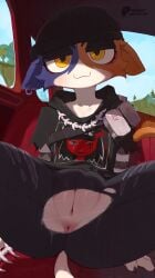 absurd_res anthro anus ass beanie blush bottomwear breasts calico_cat car car_seat clothing denim denim_bottomwear denim_clothing digital_media_(artwork) domestic_cat epic_games felid feline felis female fortnite fur genitals hat headgear headwear hi_res innie_vulva jeans looking_at_viewer mammal meow_skulls meow_skulls_(fortnite) no_panties noseless pants piercing plump_labia pussy rabbitadvisory solo tail topwear torn_bottomwear torn_clothing torn_pants vehicle vulva