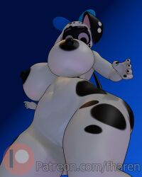 101_dalmatian_street 101_dalmatians anthro big_breasts black_spots breasts canid canine canis dalmatian disney dizzy_(101_dalmatians) domestic_dog female fur genitals gradient_background hi_res huge_breasts looking_at_viewer looking_down low-angle_view mammal markings nude pussy simple_background spots spotted_body vulva white_body white_fur