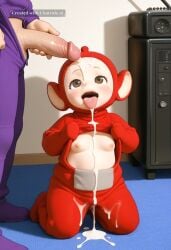 1boy1girl 1girl ai_assisted ai_generated big_ears bukkake cute full_body_view incredibly_absurdres large_eyes no_panties po_(teletubbies) soft teletubbies tinky_winky