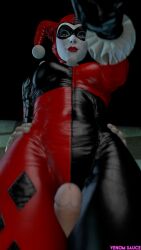 1girls 3d 3d_(artwork) artist_name batman:_arkham_knight batman_(series) blue_eyes bodysuit clothed clothed_female cock_between_thighs cock_in_face cuck_pov cucking dc dc_comics female female_focus fully_clothed hand_on_another's_head hands_on_another's_hips harley_quinn harley_quinn_(classic) jail_cell leather_outfit light-skinned_male looking_at_viewer makeup male partial_male penis smiling source_filmmaker straight straight_sex submissive_pov thigh_sex venomous_sausage villain villainess