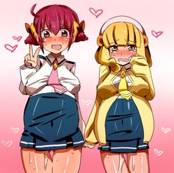 2girls aokeino aono_keita_(artist) blonde_hair blush bow breasts clothed clothing crying drill_hair embarrassed hair_ribbon hand_holding headband heart hoshizora_miyuki large_breasts long_hair multiple_girls multiple_pregnancies navel necktie open_mouth pink_eyes pink_hair precure pregnant pretty_cure pussy_juice ribbon school_uniform simple_background skirt smile_precure standing sweat tears v yayoi_kise yellow_eyes