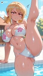 1girls absurd_res absurdres ai_generated annoyed arm_support ass bare_shoulders big_ass big_breasts bikini blonde-haired_female blonde_female blonde_hair blonde_hair_female blue_sky blurred_background blurry blurry_background blush breasts brown_eyes cartoon cartoony cleavage cloud collarbone day depth_of_field fairy_tail female female_focus floral_print hi_res high_quality high_resolution highres kneepits large_ass large_breasts leg_up looking_at_viewer low_twintails lucy_heartfilia navel odexai orange_eyes outdoors pool poolside print_bikini shiny_skin short_twintails sky small_waist solo solo_focus split standing standing_on_one_leg standing_split stomach straight swimsuit thick_thighs thighs thin_waist twintails v-shaped_eyebrows water wet white_bikini wide_hips yellow_hair