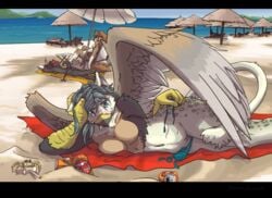 avian beach beak beer bikini blue_eyes blush breasts canine cigarette crab domovoi_lazaroth drunk female gryphon looking_at_viewer nude pussy seaside skimpy tongue tongue_out topless