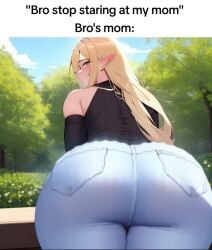 1girls ai_generated ass ass_cheeks ass_crack ass_focus bare_shoulders bent_over big_ass black_shirt black_sleeves blonde_hair butt_pockets clothed_female elf elf_ears enjoying_farting fart fart_edit fart_fetish farting female from_behind gassy jeans light-skinned_female longer_than_10_seconds looking_at_viewer meme meme_reference mommy mommy_kink outdoors pointy_ears smelly_ass sound sound_edit stable_diffusion tagme text thicc thigh_gap tight_clothing tight_jeans video