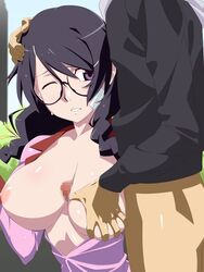 bakemonogatari black_hair blush breast_grab breasts censored female glasses hand_on_head hanekawa_tsubasa highres imada_ya large_breasts long_hair male monogatari_(series) nipples no_bra open_clothes open_shirt paizuri penis purple_eyes school_uniform shirt standing straight sweat wink