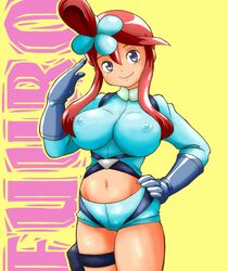 blue_eyes breasts female female_only gloves human large_breasts nipples pokemon pokemon_bw red_hair salute skyla_(pokemon) smile solo tof