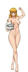 barefoot blonde_hair blonde_pubic_hair blue_eyes breasts cg completely_nude driver_attendant_(hentai_heroes) female female_pubic_hair flexing flight_attendant_(hentai_heroes) full_body helmet hentai_heroes holding long_hair medium_breasts navel nipples nude official_art pubic_hair pussy solo standing uncensored