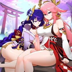 2girls ai_generated ass bangs bare_shoulders bell blush breasts cherry_blossoms closed_mouth curvy detached_sleeves erection eyebrows_visible_through_hair female futa_with_female futanari genshin_impact hair_bell hair_between_eyes hair_ornament handjob large_breasts long_hair long_sleeves looking_at_viewer penis petals pink_hair purple_eyes purple_hair racerai raiden_shogun ribbon rope sitting sky smile tassel thick_thighs torii uncensored very_long_hair wide_sleeves yae_miko yuri