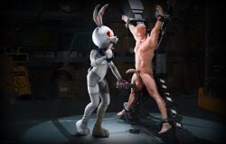 1boy 1girls 3d abuse ballbusting blood bondage box bunny bunny_ears bunny_tail castration cbt cock_and_ball_torture dominant dominant_female female five_nights_at_freddy's five_nights_at_freddy's:_security_breach fnaf holding_object human knife male mask masked masochism masochist muscular_male pain rabbit rabbit_ears rabbit_tail red_eyes sadism sadistic screaming stab stabbed storage storage_room straight submissive submissive_male suit tied_up torture vanny_(fnaf)