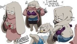 1girls angry ass bra breasts bunny_tail canela_(inkershike) cigarette coolerinker eyebags female furry huge_breasts inker_comics inkershike lifted_by_another lifting_person long_ears looking_back navel open_bra original original_character piercing pink_clothing potato_chips pudgy_belly purple_bra rabbit rabbit_ears rabbit_girl snap solo spanish_text stretching tired white_shirt