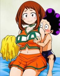 1boy 1girls ai_generated breast_grab breasts cheerleader female male minoru_mineta my_hero_academia ochako_uraraka smaller_male smile