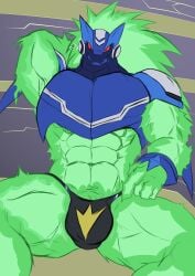 abs absurd_res alien anthro armor big_muscles bulge capcom clothing cybernetics cyborg detailed_bulge electronics em_being genitals geryorias green_body hi_res machine male mega_man_(series) mega_man_star_force muscular muscular_anthro muscular_male omega-xis penis penis_base red_eyes solo underwear