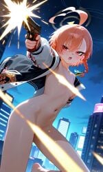 1girls ai_generated blue_archive casual casual_nudity city convenient_censoring exibitionism female gun neru_(blue_archive) night nude nude_female nudity orange_hair red_eyes short_hair shotgun small_breasts smaller_female