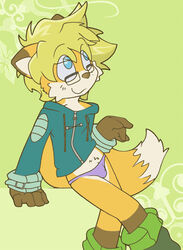 anthro blonde_hair blue_eyes bulge canine emerald-physics eyewear fox fur furry glasses male male_only underwear