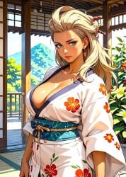 ai_generated anime anime_style babe beautiful beautiful_background beautiful_females brown_hair busty cleavage collarbone curvy_figure dark-skinned_female day decorations door elegant fantasy female female_only floral_print floral_print_kimono flower garden golden_week gorgeous hair_ornament holidays isaris-ai japanese_house kimono large_breasts looking_at_viewer obi plant pokemon pose professor_sada_(pokemon) ribbon sexy solo tanned tanned_skin trees voluptuous_female white_kimono wood wooden_post