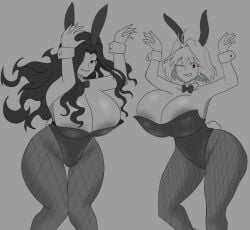 2girls ahoge arcueid_brunestud arcueidoblunder big_breasts black_hair blush breasts bunny_ears bunny_girl bunny_pose bunnysuit curvy enormous_breasts fake_animal_ears fake_tail female genderswap_(mtf) hair_over_one_eye huge_breasts large_breasts looking_at_viewer melty_blood michael_roa_valdamjong monochrome one_eye_closed playboy_bunny red_eyes rule_63 short_hair sketch smile tsukihime wide_hips wink